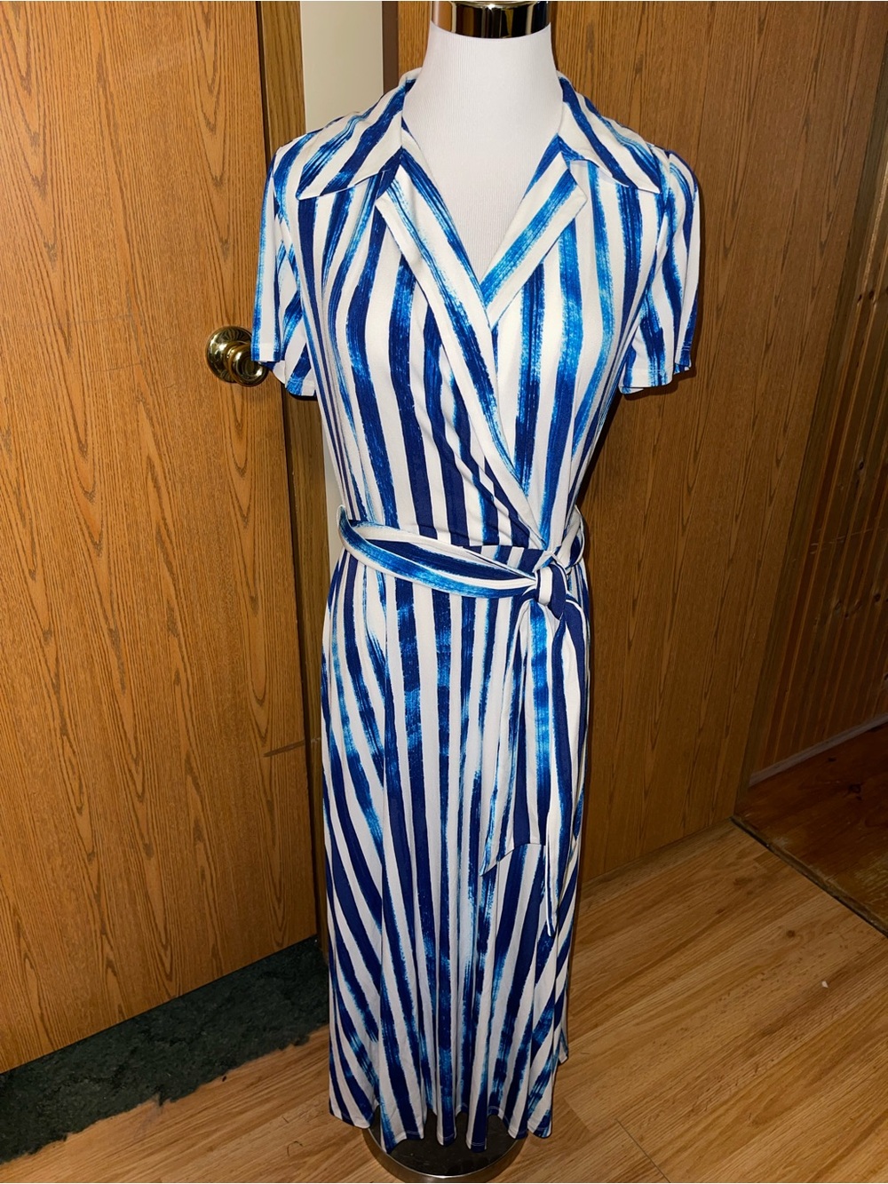 Halston Heritage Blue and White Striped Wrap Maxi Dress